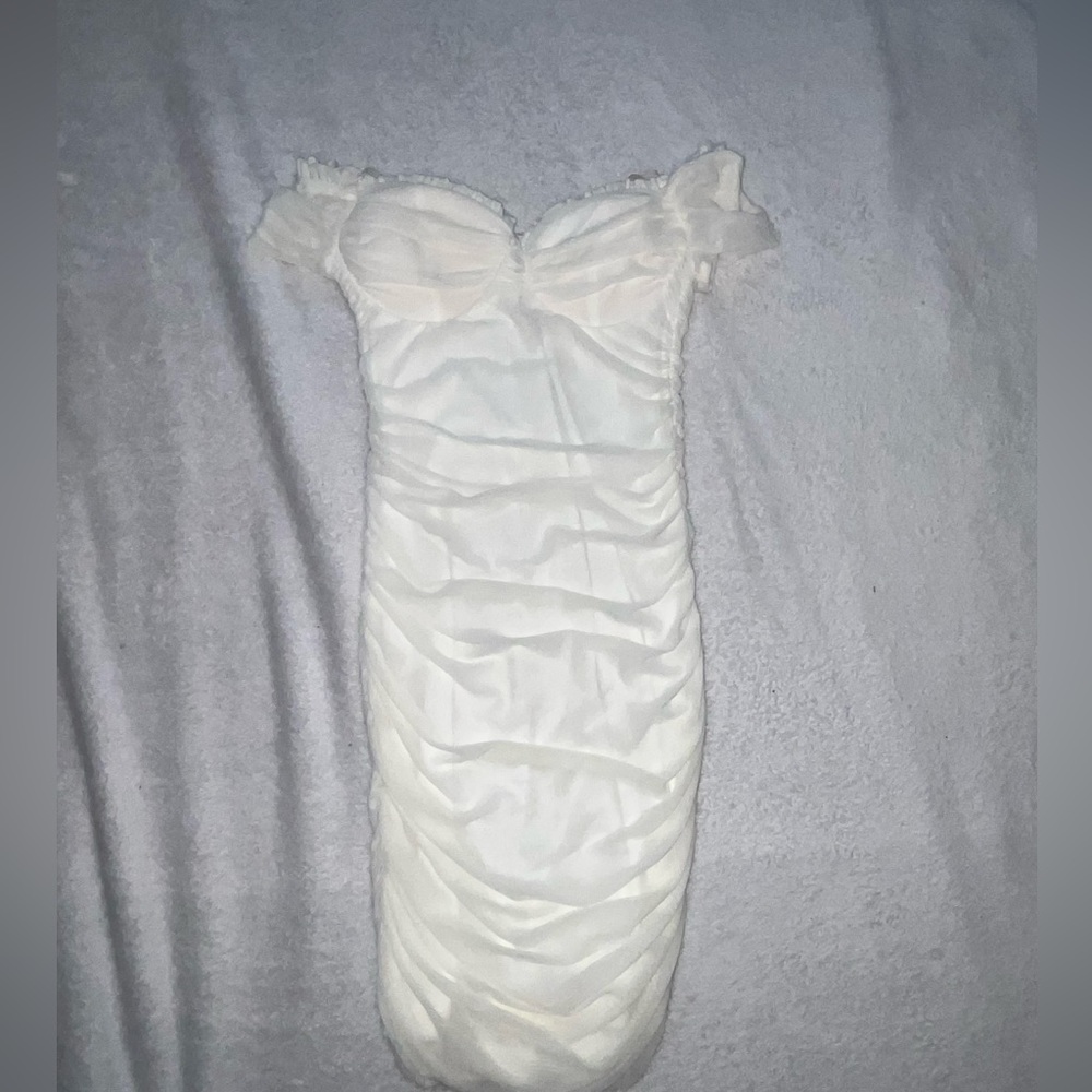 White scrunched off the shoulder dress